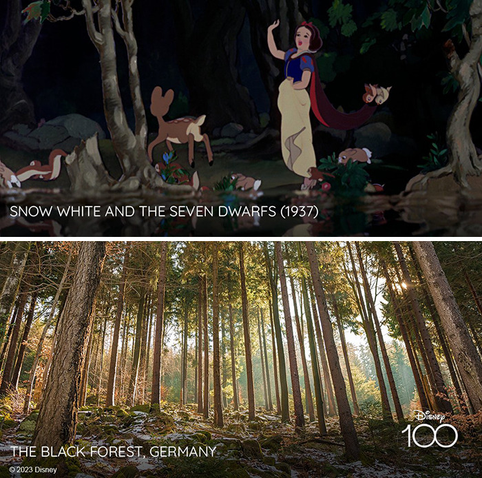 Setting from the movie Snow White And The Seven Dwarfs (1937) vs it's inspiration The Black Forrest, Germany