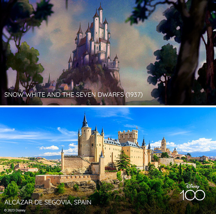 Castle from the Snow White And The Seven Dwarfs (1937) vs it's inspiration Alcazar de Segovia, Spain
