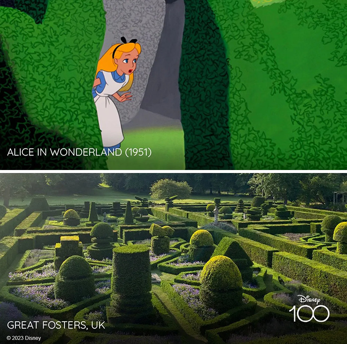 Setting from the movie Alice In Wonderland vs it's inspiration Great Fosters, UK