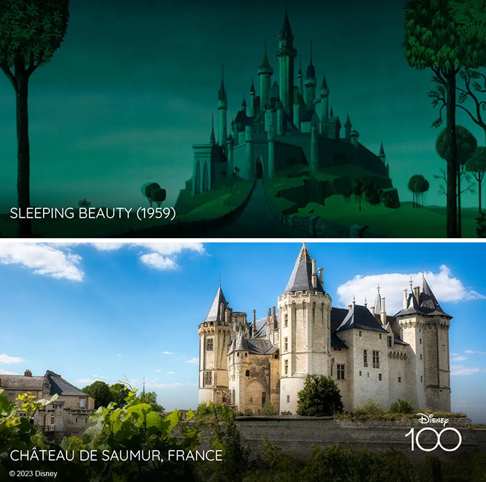 Castle from the Sleeping Beauty (1959) vs it's inspiration Chateau De Saumur, France