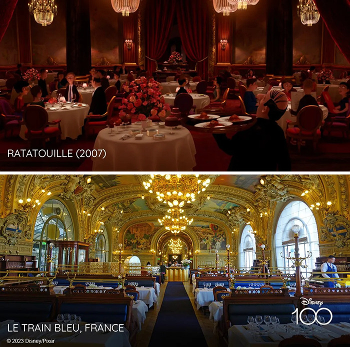 Setting from the movie Ratatouille vs it's inspiration Le Train Bleu, France