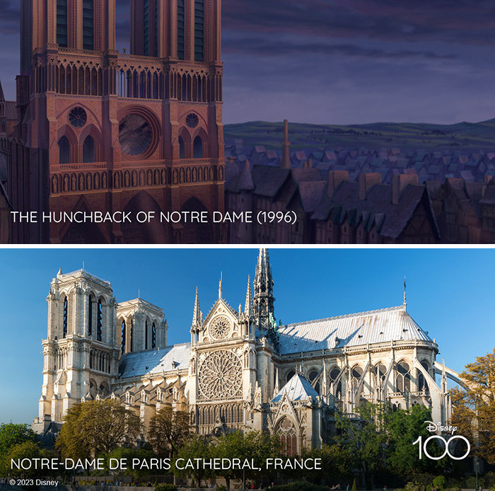 Setting from the movie The Hunchback Of Notre Dame vs it's inspiration Notre-Dame de Paris Cathedral, France