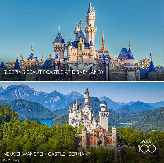 Castle from the Sleeping Beauty at Disneyland vs it's inspiration Neuschwanstein castle, Germany