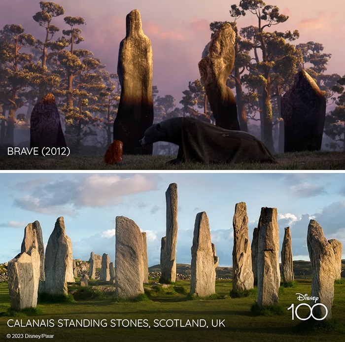 Setting from the movie Brave vs it's inspiration Calanais standing stones, Scotland, UK