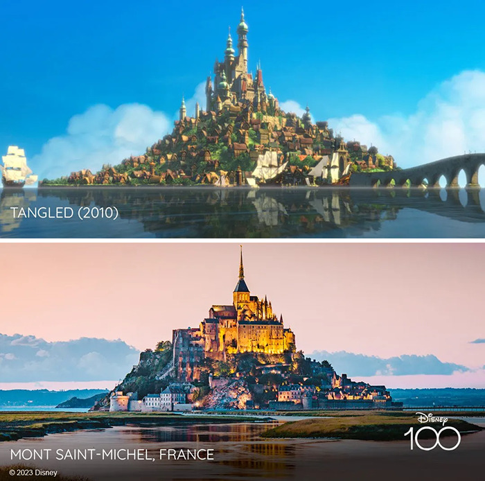 Castle from the movie Tangled vs it's inspiration Mont Saint-Michel, France