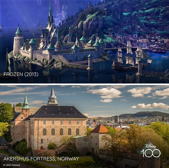 Setting from the Frozen (2013) vs it's inspiration Akershus Fortress, Norway