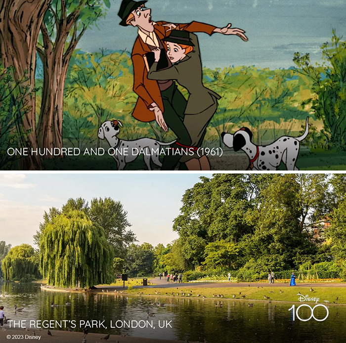 Setting from the One Hundred And One Dalmatians (1961) vs it's inspiration The Regent's Park, London, UK