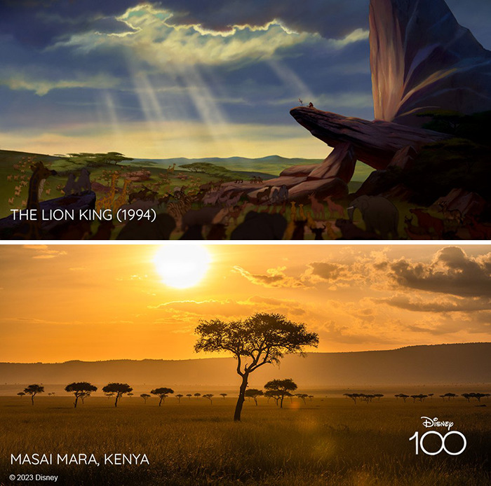 Setting from the movie The Lion King vs it's inspiration Masai Mara, Kenya