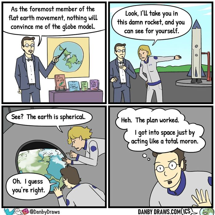 Funny comic about pretending to be a flat-earther to go for free into space