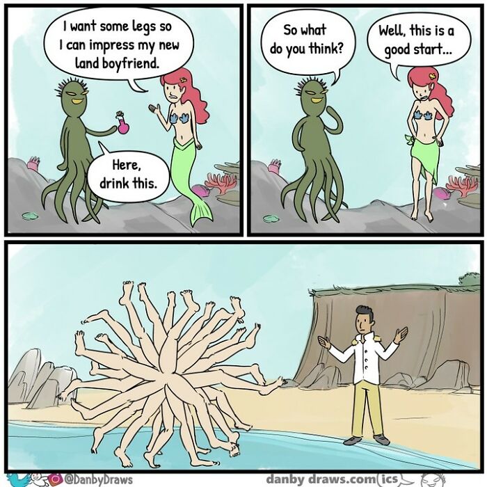 Funny comic about mermaid getting her wish of getting legs