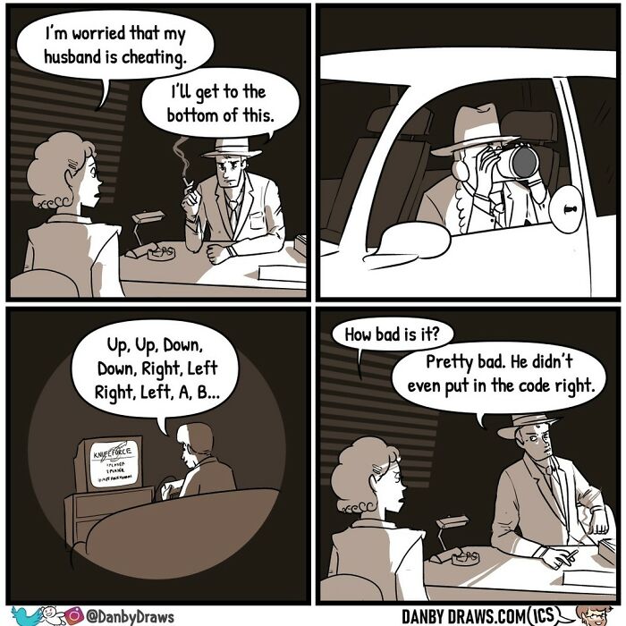 Funny comic about private investigator finding out that his customer's husband is cheating at a game
