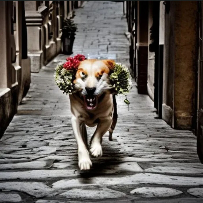 Prompt Was: Dog Running Down Old-Fashioned Stone Streets Hoding Flowers In It's Mouth