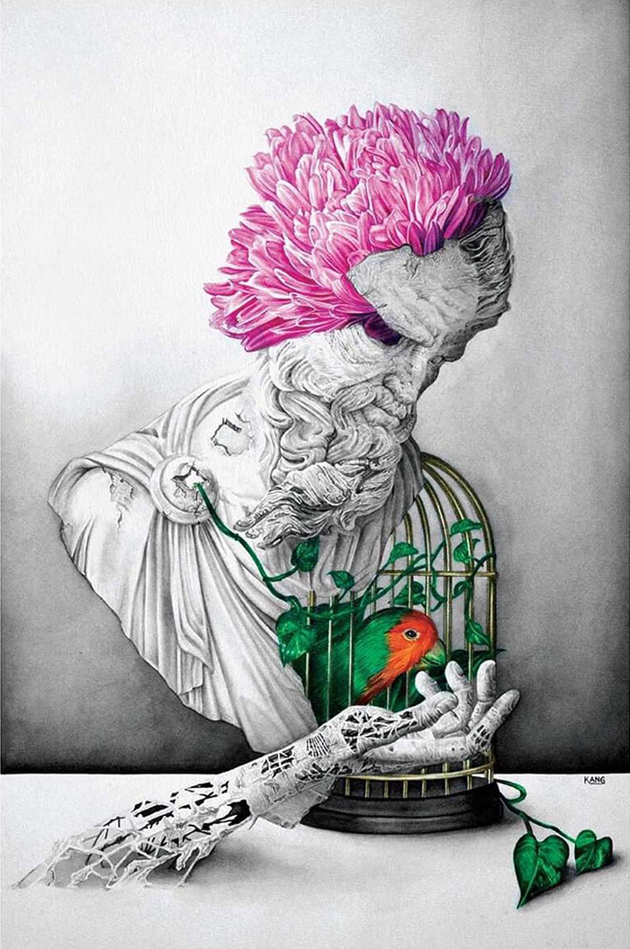 Surreal painting of a man with pink flower blossoming from his head