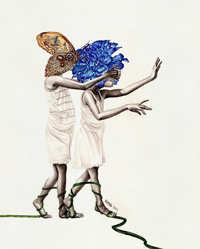 Surreal painting of two girls, one with a butterfly instead of her head and the second with a blue flower