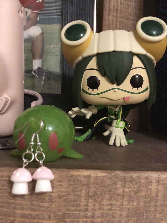 Tsuyu Asui From My Hero Acadamia!! Also My Little Narwhal Toki I Got From Sonic One Time, And My Favorite Dangle Earrings, Mushrooms!!