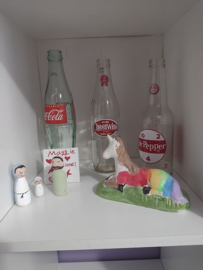 A Bunch Of Random Glass Bottles And Some Stuff My My 8 Year Old Neighbor Made And Gave To Me