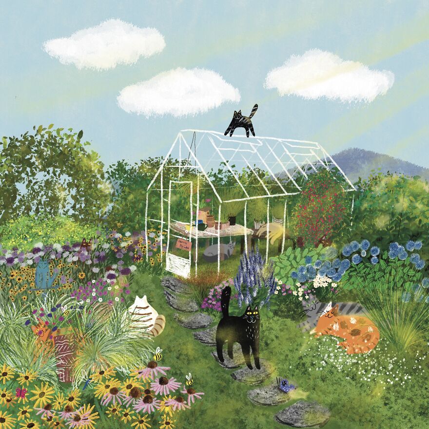 Cats In A Garden With A Greenhouse