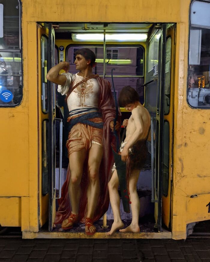 An image of a man and a boy from "Jonathan’s Token To David" painting in a tram