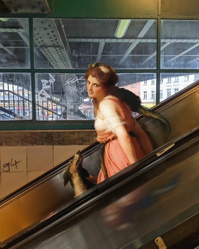 An image of a woman and a dog from "Lady Hamilton (As A Bacchante)" painting in modern surroundings