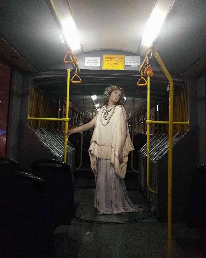 An image of a woman from "The Vintage Festival" painting in a bus