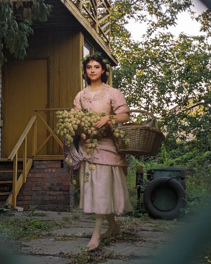 An image of a woman from "The Hop Picker" painting in modern surroundings