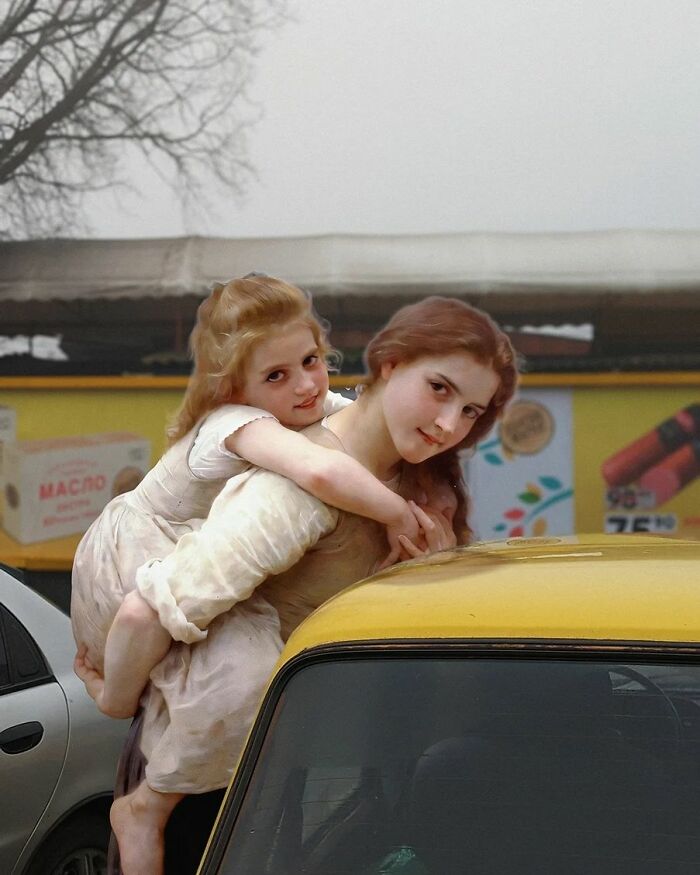 An image of a woman holding a girl from "Not Too Much To Carry" painting in modern surroundings