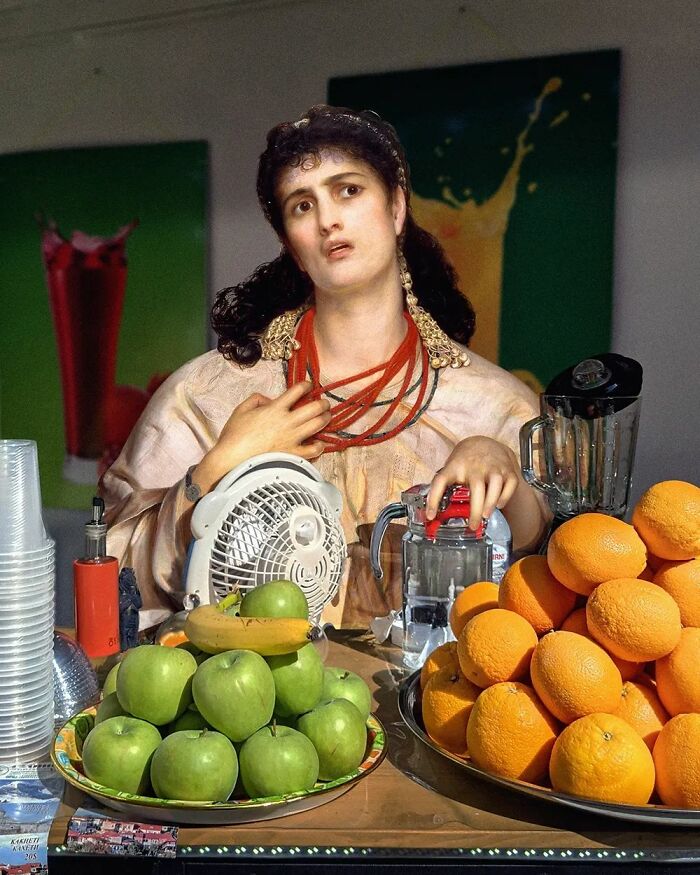 An image of a woman from "Medea" painting in modern surroundings