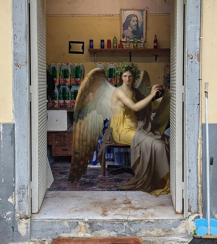 An image of an angel from "Clio, Muse Of History" painting in modern surroundings