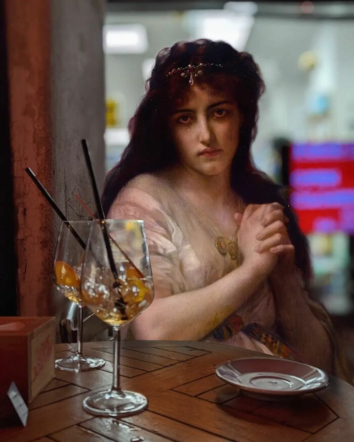 An image of a woman from "Desdemona" painting in a bar