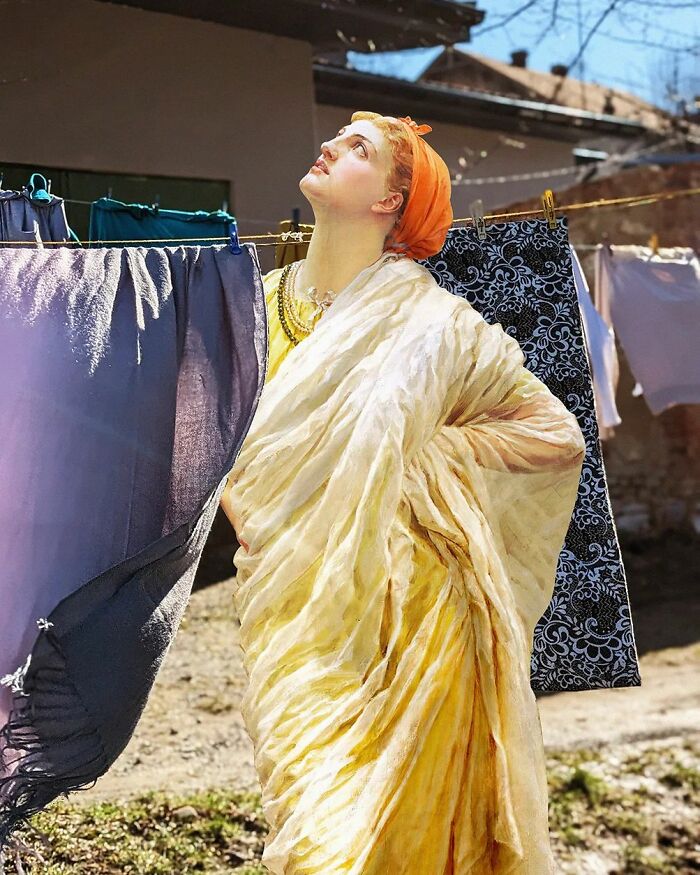 An image of a woman from "Canaries" painting hanging clothes