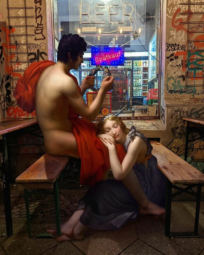 An image of a man and a woman from "Daphnis And Chloe" painting in a bar