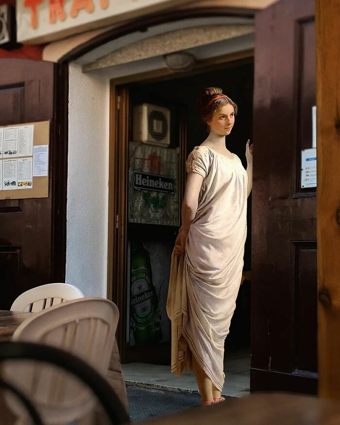 An image of a woman from "Pompeiana" painting in modern surroundings