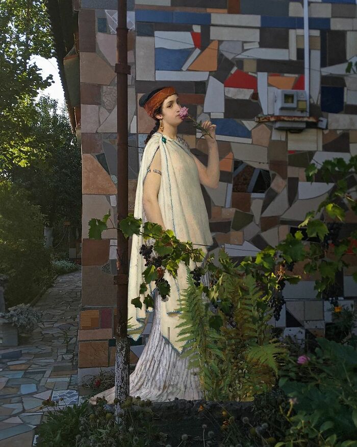An image of a woman from "A Greek Woman" in modern surroundings