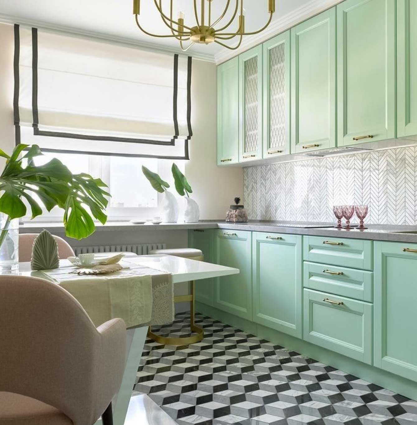 Mint green kitchen and natural light