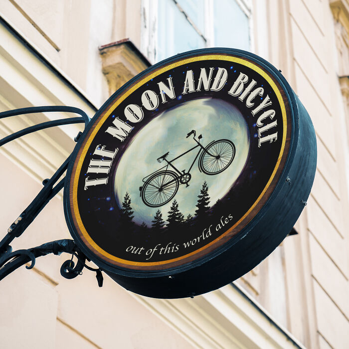 "The Moon and Bicycle" pub sign, inspired by "E.T."