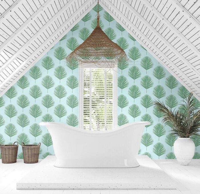 Bathroom with blue peel-and-stick fern wallpaper, featuring a white freestanding tub and rustic wicker accents. Bathroom with blue peel-and-stick fern wallpaper, featuring a white freestanding tub and rustic wicker accents.
