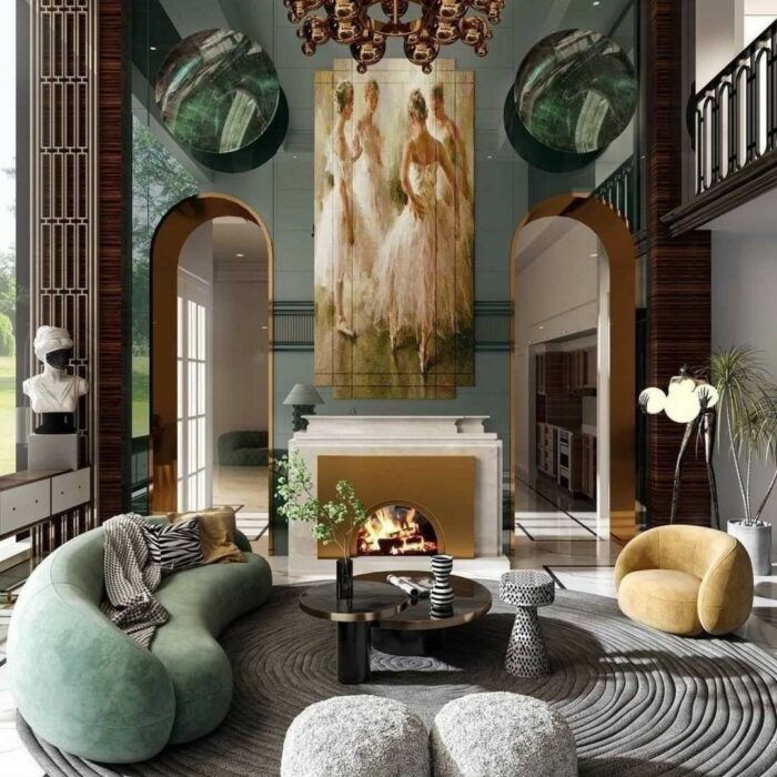 a maximalist living room with colorful stools and sofas facing a fireplace