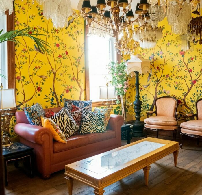 a maximalist living room with yellow wallpaper that has plants and birds on it