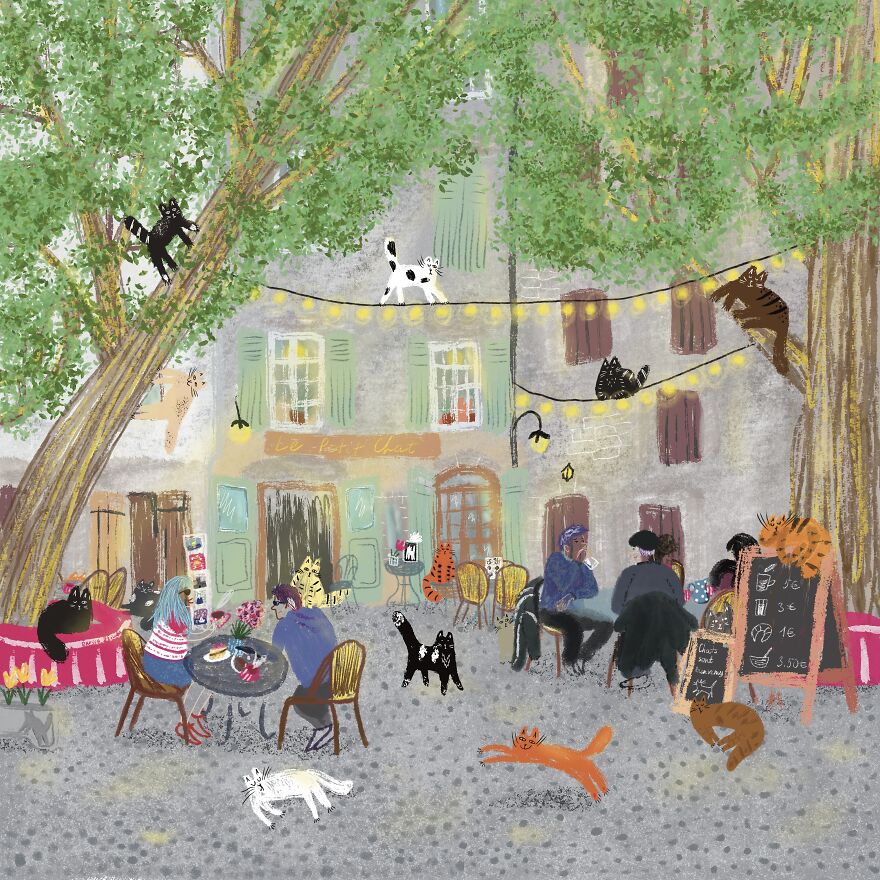 Cats At A Restaurant, La Farigoulette, France