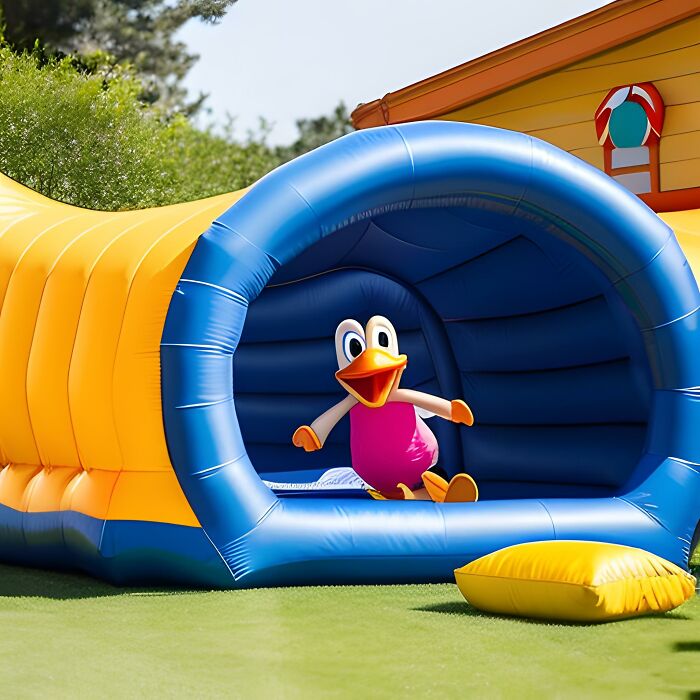 "Duck Playing With Children In Jump House"