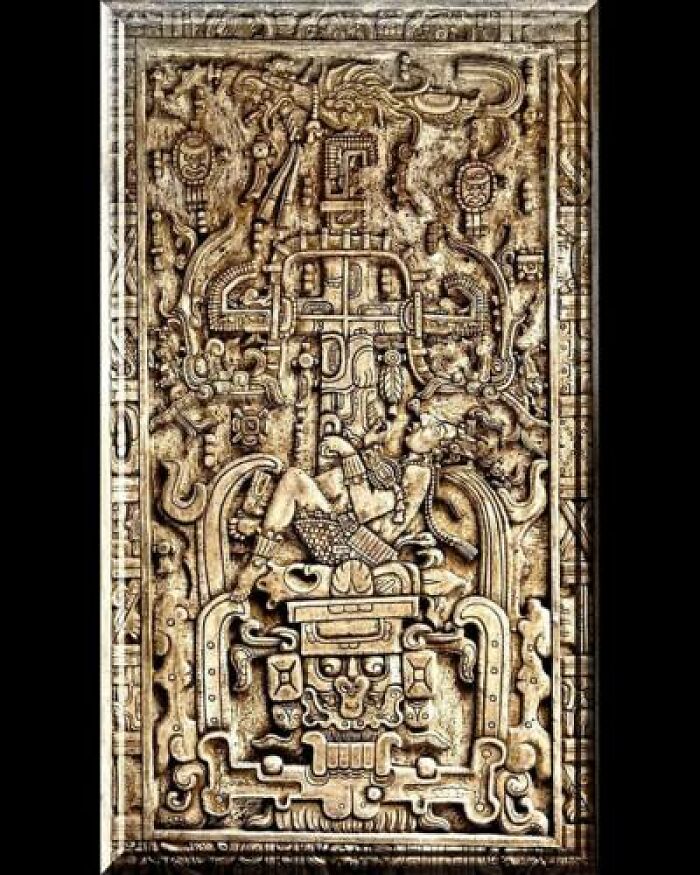 The Tomb's Lid Provides A Depiction Of The Journey Of Pakal's Soul In The Underworld. It Portrays The Ruler Seated On The Sun's Monster, Representing The Transitional Phase Between Life And Death. The Figure Exhibits A Skeletal Body From The Mouth Downwards, While The Eyes Retain The Appearance Of A Living Entity