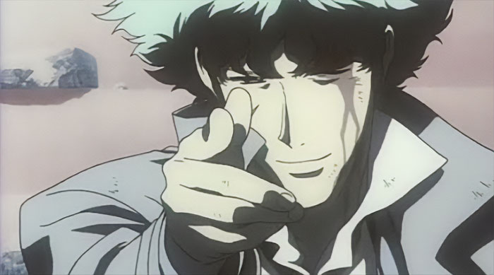 Spike Spiegel imitating "Bang" word with his hand
