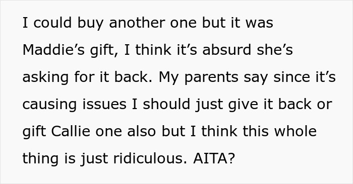 Mom Refuses To Return Her Daughter’s Birthday Gift Due To Own Sister’s Whim, Gets Called A Jerk