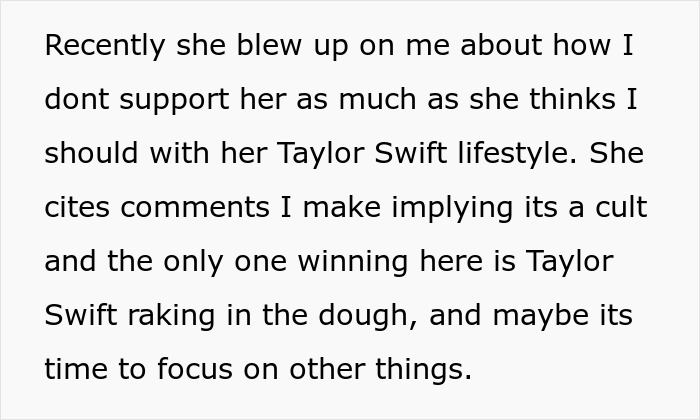 "Blew Up On Me About How I Don't Support Her": Wife's Obsession With Taylor Swift Goes Too Far "Blew Up On Me About How I Don't Support Her": Wife's Obsession With Taylor Swift Goes Too Far