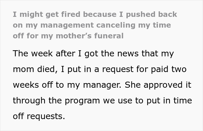 Woman Receives Notice One Month Later That Days Off She Had Confirmed For Mom's Funeral Are Denied