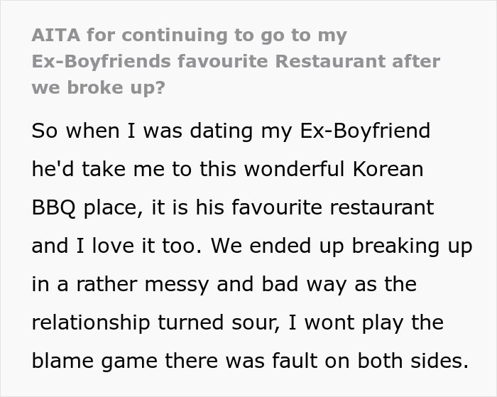 Woman Refuses To Quit Going To Her Ex-BF's Favorite Korean BBQ Place, Asks If She's Wrong Woman Refuses To Quit Going To Her Ex-BF's Favorite Korean BBQ Place, Asks If She's Wrong