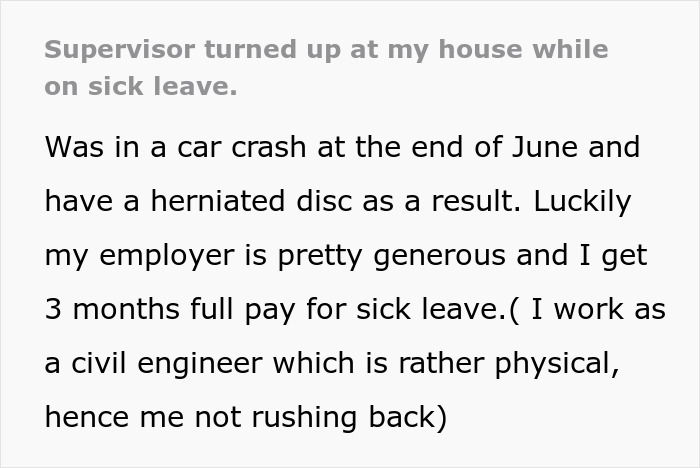 Worker Takes Boss’s Personal Visit While On Sick Leave As A Personal Space Violation, Reports Him Worker Takes Boss’s Personal Visit While On Sick Leave As A Personal Space Violation, Reports Him