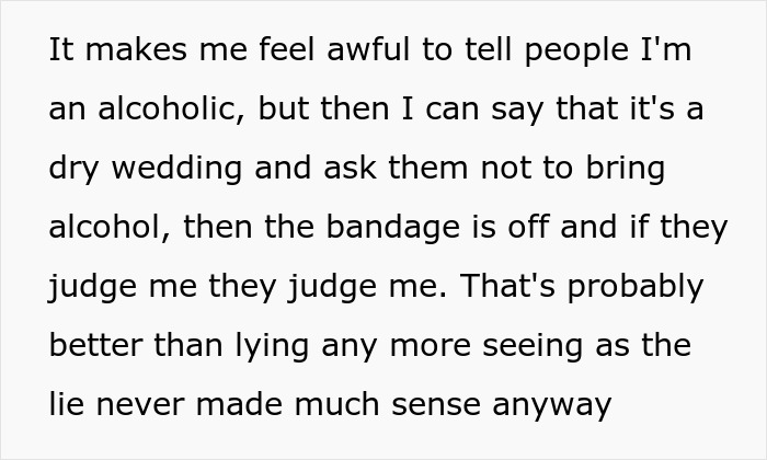 Bride Wants To Keep The Reasoning Behind Alcohol-Free Wedding Secret, Friends Put Her Under Fire Bride Wants To Keep The Reasoning Behind Alcohol-Free Wedding Secret, Friends Put Her Under Fire