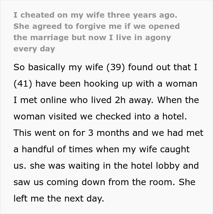 Cheating Husband Gets Caught, Wife Proposes Open Marriage And Now He "Lives In Agony" Every Day Cheating Husband Gets Caught, Wife Proposes Open Marriage And Now He "Lives In Agony" Every Day
