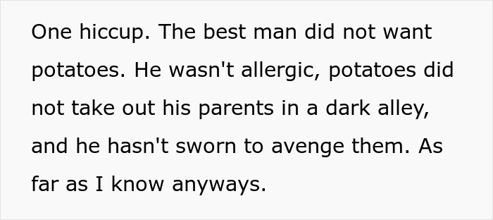 Woman 'Fixes' Best Man's Problem Of Being Served Potatoes, Simply Grabs Them Off His Plate Woman 'Fixes' Best Man's Problem Of Being Served Potatoes, Simply Grabs Them Off His Plate